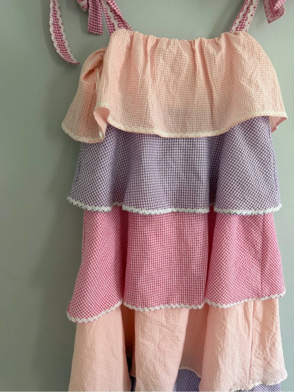 Marlo Kids Margaret Pastel Rainbow Tiered Dress Seersucker Ric Rac Trim 9-10